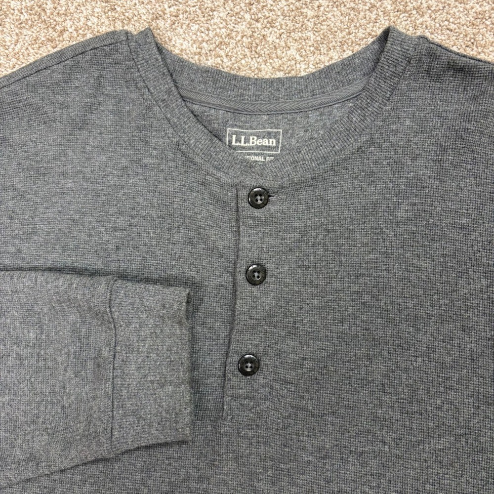 L.L. Bean Henley Shirt Mens XXL Tall Waffle Knit Long Sleeve Grey